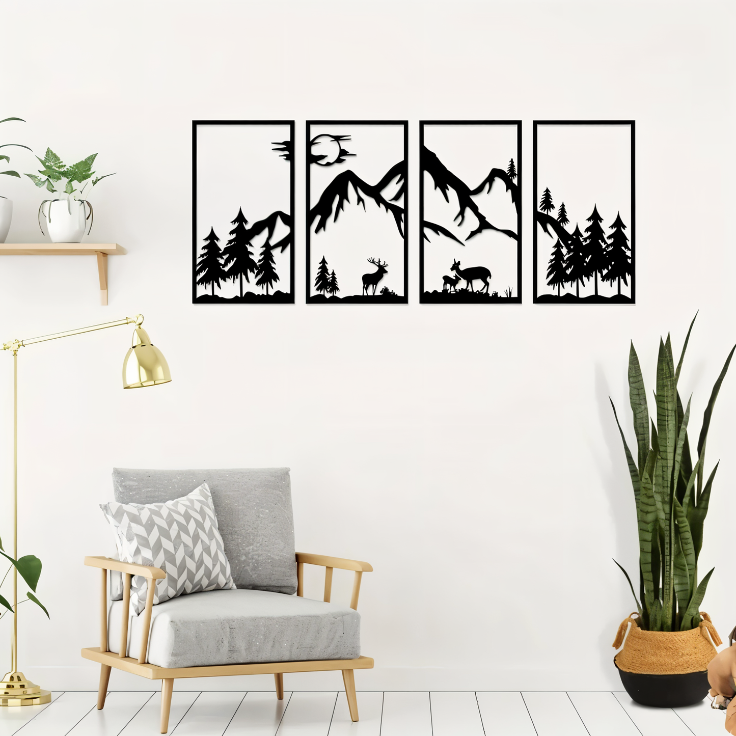 Bergland Wanddecoratie – 4-delige Zwarte Metalen Muurkunst met Abstract Berglandschap