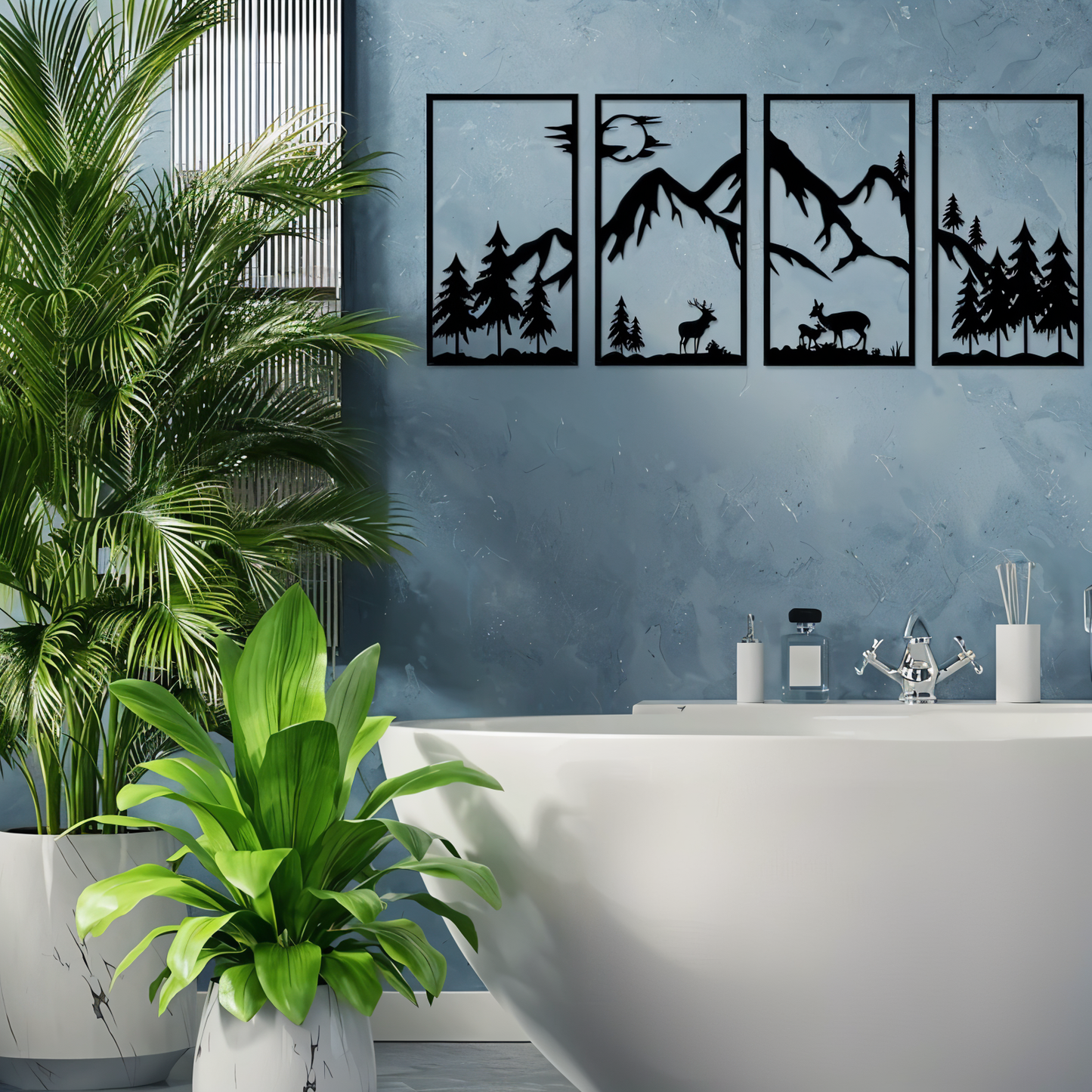 Bergland Wanddecoratie – 4-delige Zwarte Metalen Muurkunst met Abstract Berglandschap