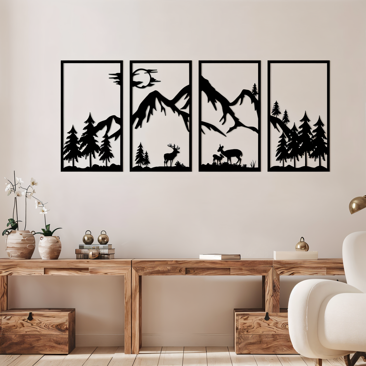 Bergland Wanddecoratie – 4-delige Zwarte Metalen Muurkunst met Abstract Berglandschap