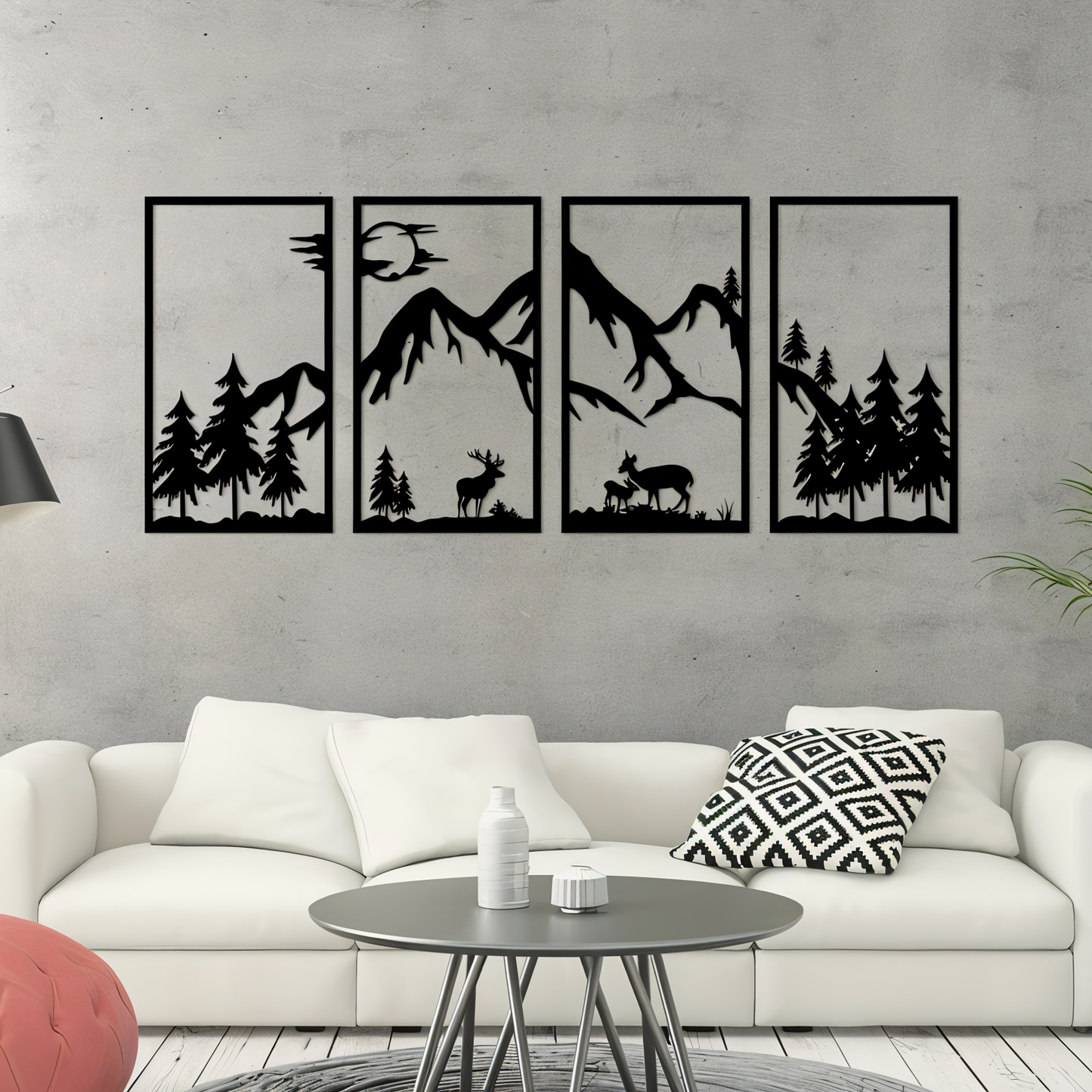 Bergland Wanddecoratie – 4-delige Zwarte Metalen Muurkunst met Abstract Berglandschap