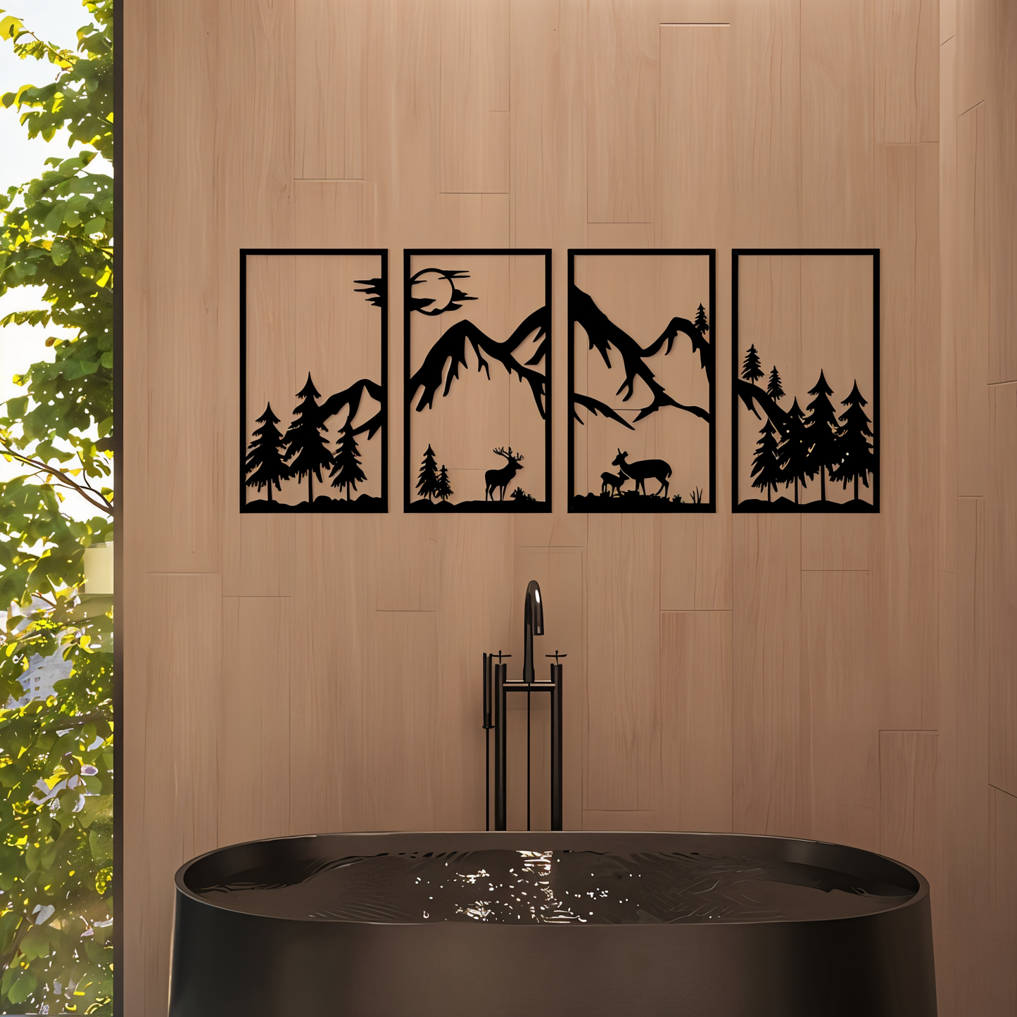 Bergland Wanddecoratie – 4-delige Zwarte Metalen Muurkunst met Abstract Berglandschap