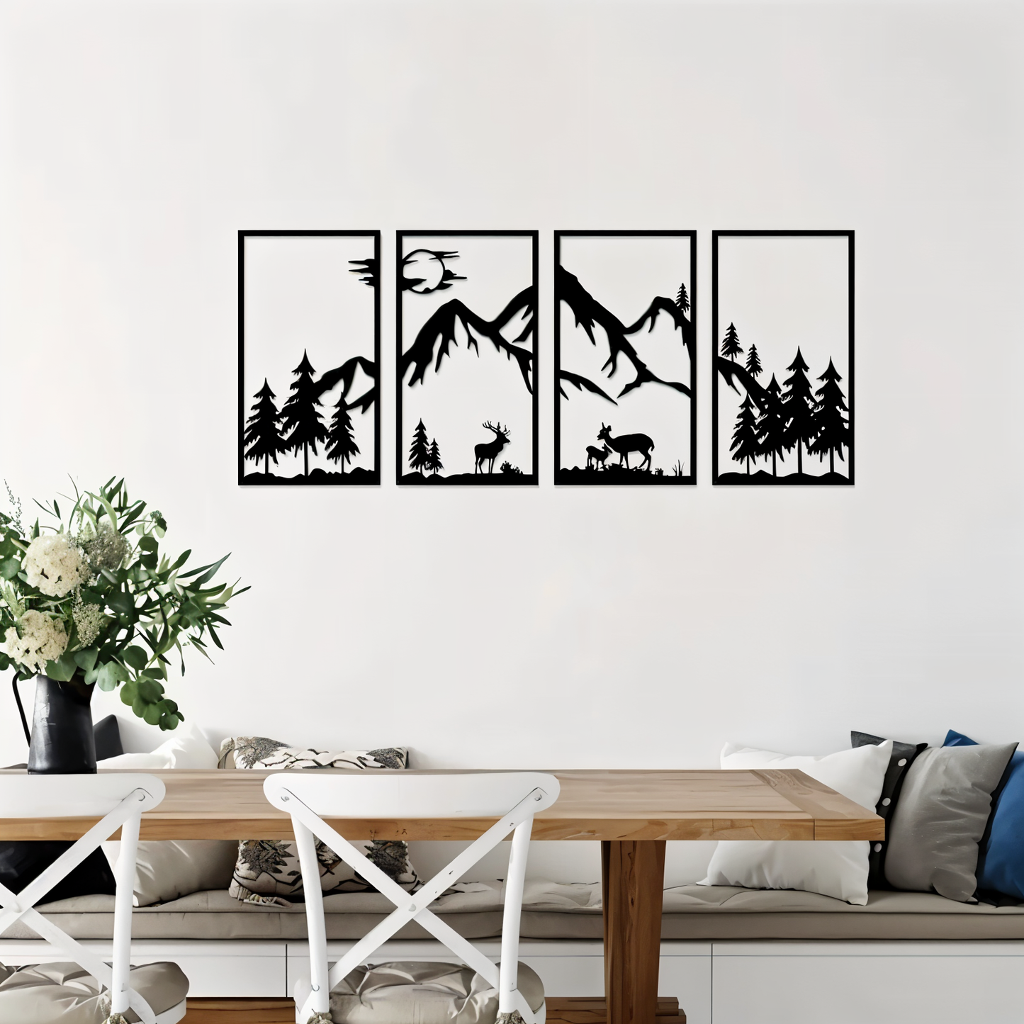 Bergland Wanddecoratie – 4-delige Zwarte Metalen Muurkunst met Abstract Berglandschap