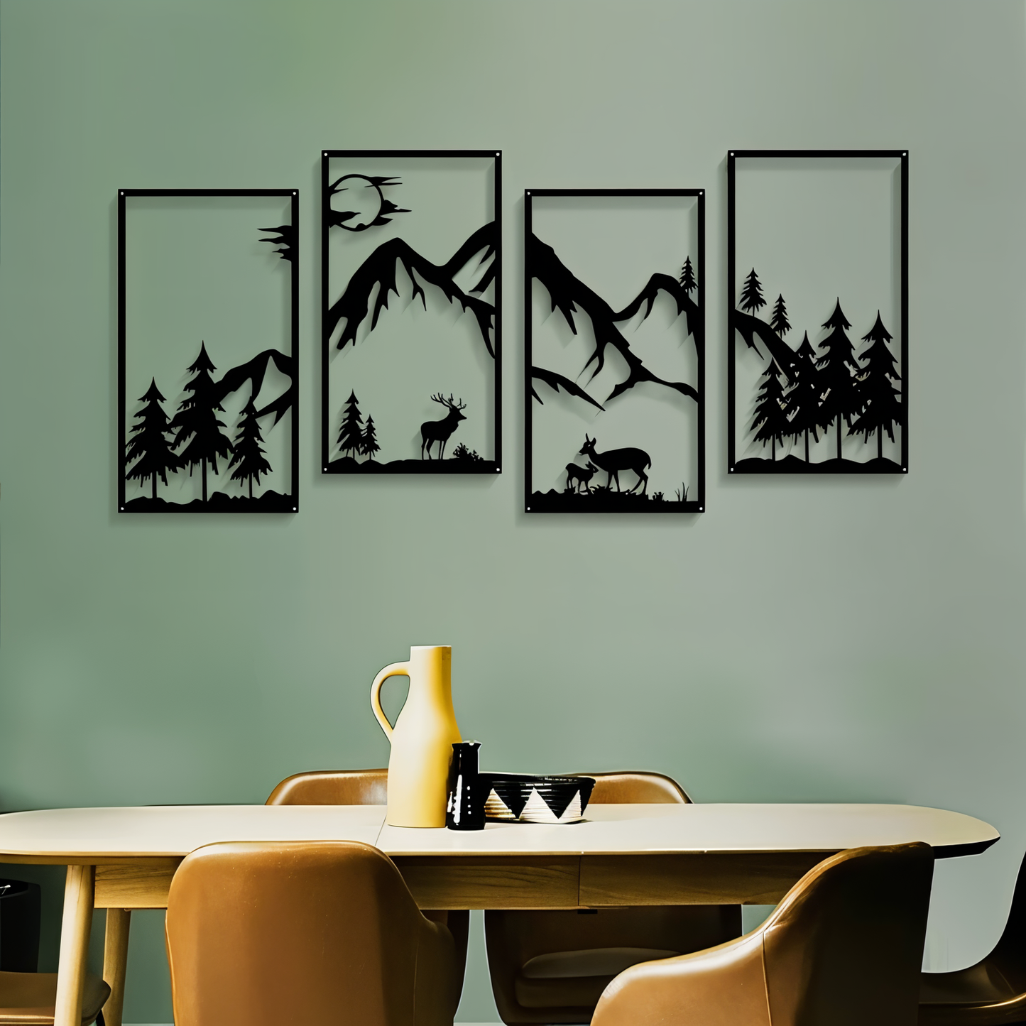 Bergland Wanddecoratie – 4-delige Zwarte Metalen Muurkunst met Abstract Berglandschap