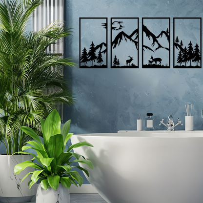 Bergland Wanddecoratie – 4-delige Zwarte Metalen Muurkunst met Abstract Berglandschap