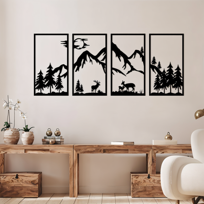 Bergland Wanddecoratie – 4-delige Zwarte Metalen Muurkunst met Abstract Berglandschap