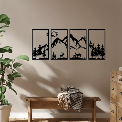 Bergland Wanddecoratie – 4-delige Zwarte Metalen Muurkunst met Abstract Berglandschap